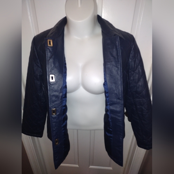 Vintage Chadwicks 💙 Blue Leather Quilted Jacket Coat Sz L - Picture 6 of 9
